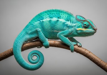 Obraz premium Azure Chameleon on Branch - A vibrant turquoise chameleon clings to a branch, showcasing its unique color and curled tail. The symbolizes nature, adaptation, camouflage, beauty, and exotic wildlife