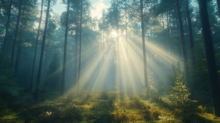 Fototapeta premium A serene, misty morning in a pine forest. Golden sunbeams pierce through the tall trees, illuminating the fog and casting long shadows on the quiet, peaceful ground
