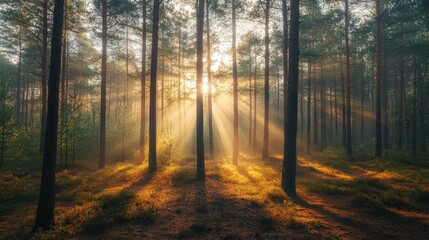 Obraz premium A serene, misty morning in a pine forest. Golden sunbeams pierce through the tall trees, illuminating the fog and casting long shadows on the quiet, peaceful ground