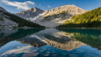 Fototapeta premium Crystal clear mountain lake reflecting snow-capped peaks and blue sky.