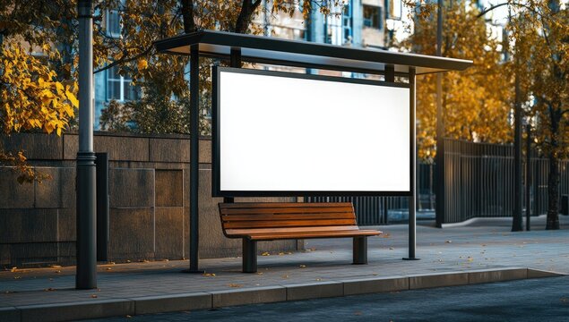 Empty billboard on a bus stop in autumn