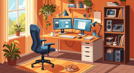 Fototapeta premium Cozy home office with dual monitors, a cat and abundant natural light, ideal for productive remote work