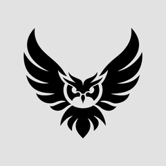 Obraz premium Black graphic silhouette of an owl with wings spread on a white background vector 1