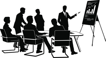 Business team meeting, professional presentation, corporate discussion, boardroom collaboration, strategy planning, graph analysis, business growth, silhouette illustration, teamwork concept