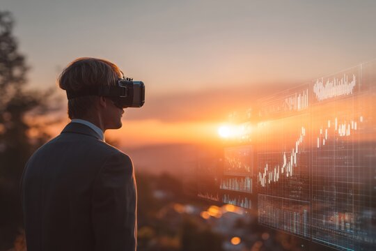 Businessman Wearing VR Headset Overseeing Financial Graphs at Sunset