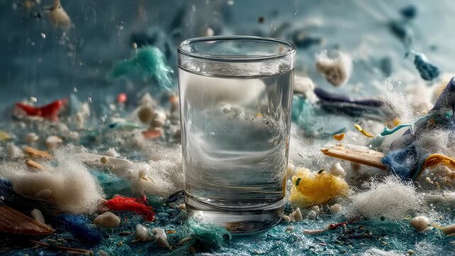 Artistic composition featuring a glass of tap water surrounded by various types of microplastics including fibers and fragments. The image emphasizes the hidden dangers of everyday