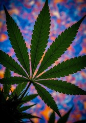 Cannabis Leaf Against Vibrant Sunset - A single cannabis leaf silhouetted against a vibrant, colorful sunset. Symbolizing nature, growth, tranquility, healing, and potential