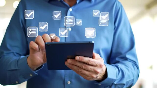Man Completing Digital Checklist on Tablet with Checkmarks, Business Process, Modern Technology 164 Characters