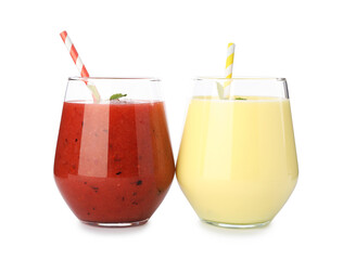 Superfood. Tasty smoothies in glasses isolated on white