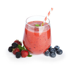 Superfood. Tasty smoothie in glass and ingredients isolated on white