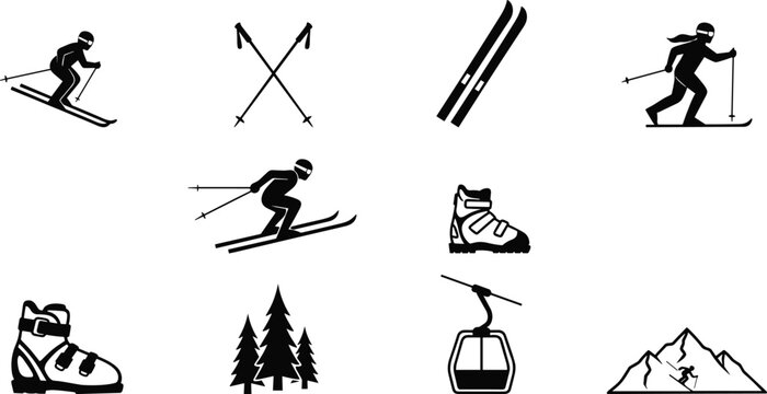 Set of winter sports icons featuring skiers ski equipment mountains and ski lift for active lifestyle and adventure themes