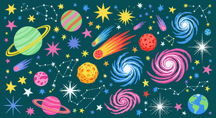 Naklejka premium Colorful outer space cartoon set. Doodle style universe with planet, star, meteor, and galaxy icons on dark background.