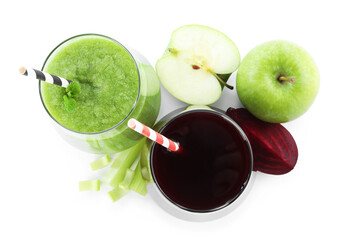 Superfood. Tasty smoothies in glasses and ingredients isolated on white, top view