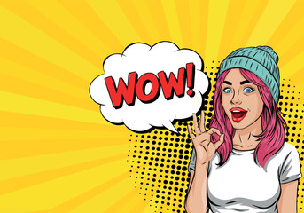 Beautiful woman in pop art style smiling and showing OK. On a colored background. Pop art vector comic style