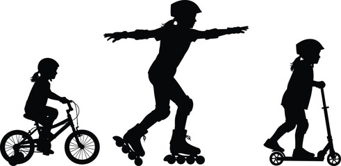 Children playing outdoors with bicycle, rollerblades, and scooter silhouettes, safe activity concept, cad drawing flat vector illustration, fun motion © Creative Minds