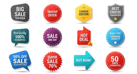 Set of promotional labels and tags for retail. Realistic vector illustration of discount offers, special deals, and quality guarantees.