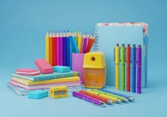 Fototapeta premium Colorful Back to School Supplies - Bright, cheerful symbolizing education, creativity, learning, new beginnings, and knowledge.