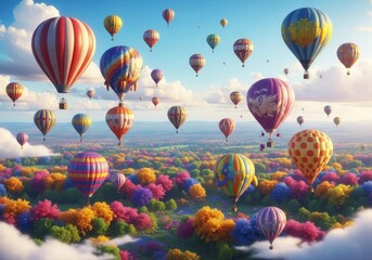 Colorful Balloons Over Dreamland - A vibrant scene of hot air balloons soaring above a colorful, dreamlike landscape. Symbolizing adventure, freedom, imagination, joy, and aspiration