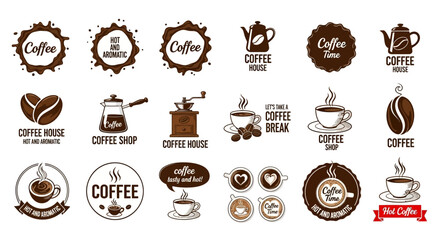 Coffee Vector Logos Set. Diverse emblems for cafes, coffee shops, and beverage brands. Modern and vintage illustrations of beans, cups, and tools for branding.
