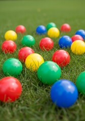 Fototapeta premium Colorful Balls on Green Grass - Joyful playtime, vibrant colors, outdoor fun, spring, childhood