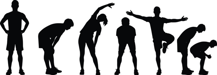 Silhouettes of seven exercise and stretching poses, physical posture series, cad drawing flat vector illustration, fitness routine concept artwork