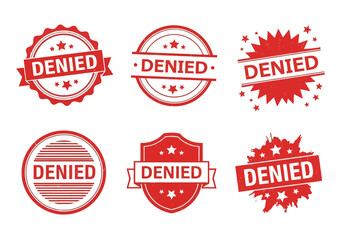 Obraz premium Collection of Red Denied Rubber Stamps - Official Rejection Seals for Documents and Applications - Business and Bureaucracy Concept - Set of Flat Design Vector Illustrations