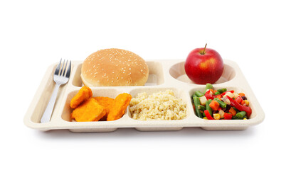 Plastic tray with tasty food and fork isolated on white. School lunch