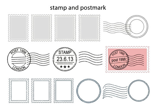 Comprehensive vector collection of blank postage stamp frames and distinctive postmark designs, embodying the concept of postal communication and vintage correspondence.