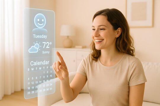 Smiling Woman Interacting with AI Holographic Interface at Home Showing Weather, Calendar, and Assistant Icon | Concept of Artificial Intelligence in Everyday Life, Smart Home Integration