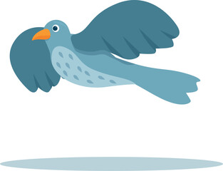 Cartoon light blue bird flying with spread wings, orange beak and spotted belly