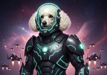 Fototapeta premium Cosmic Canine Commander - A fluffy white poodle, a galactic war captain, bravely stands in futuristic battle armor amidst a star-filled expanse, symbolizing courage, loyalty, unexpected leadership,