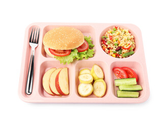 Plastic tray with tasty food and fork isolated on white, above view. School lunch