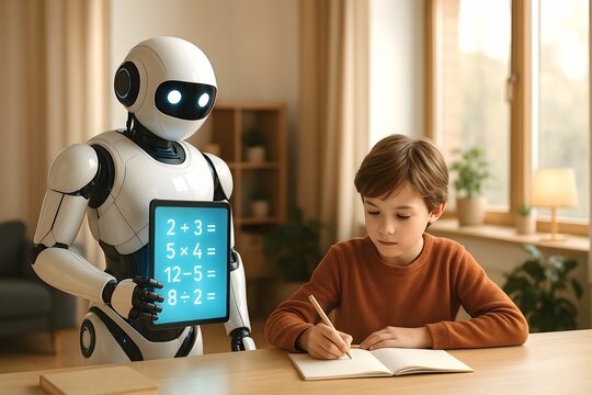 Artificial Intelligence Tutor Assisting Child with Math Homework at Home Using Interactive Tablet Display | Friendly Robot Teacher Supporting Early Education in a Bright Modern Interior 