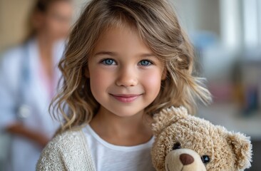 A young girl holding her teddy bear, smiling at the camera with an adult female doctor in a white coat blurred behind them in the background