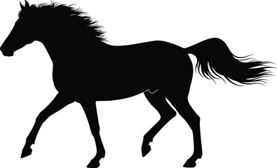 Running horse silhouette in motion with flowing mane and tail, cad drawing flat vector illustration, animal power, graceful movement concept