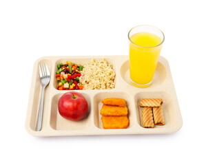 Plastic tray with tasty food, orange juice and fork isolated on white. School lunch