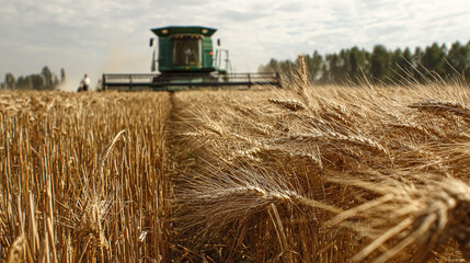 A green combine harvester moves steadily through a golden wheat field, efficiently gathering crops under a partly cloudy sky. The scene captures the essence of modern agriculture.