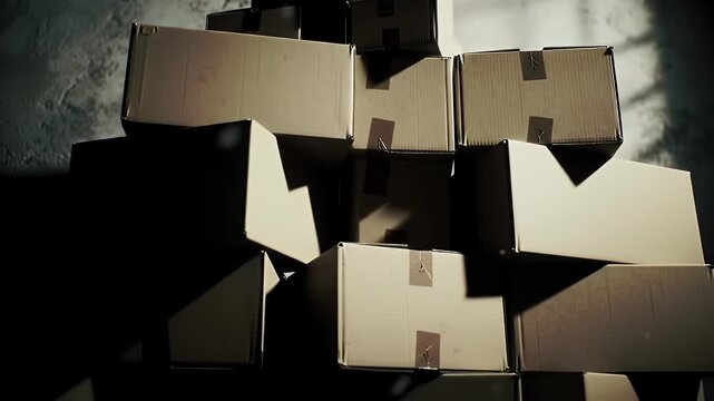 Stacked Cardboard Boxes Against a Textured Wall Bathed in Shadow and Light