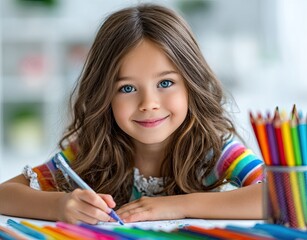 A young girl is drawing with crayons at a desk in a bright room, against a white background