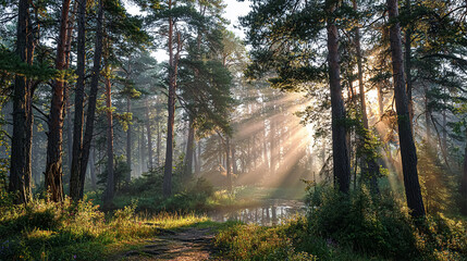 Obraz premium Sunlight streams through the towering pine trees of a tranquil forest, casting a warm glow on the soft, mossy path. The serene atmosphere invites quiet reflection and peaceful walks.