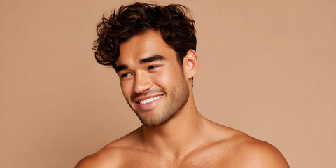 Fototapeta premium Portrait of a Happy Young Man with Curly Brown Hair and Tan Skin