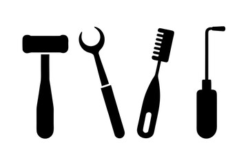 Set of black dental instruments on a white background