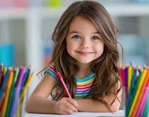 A young girl is drawing with crayons at a desk in a bright room, against a white background