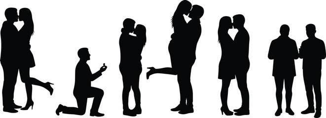 Romantic couple silhouette set, kissing, hugging, proposal moment, love scenes, black and white vector, dating illustration, relationship concept art