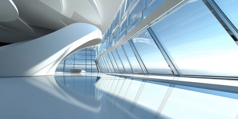 Fototapeta premium Modern architectural interior with panoramic windows. Sleek white walls and curves meet expansive glass facade, showcasing a vast blue sky. A sense of spaciousness and airy lightness is conveyed