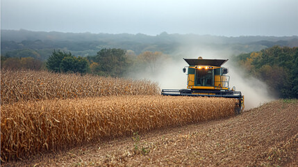 Obraz premium A yellow combine harvester efficiently cuts through a vast cornfield on a cloudy day. The machine leaves a trail of dust as it works, surrounded by dense forest and rolling hills in the background.