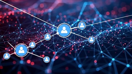Digital network connections with user icons and glowing data points - Powered by Adobe