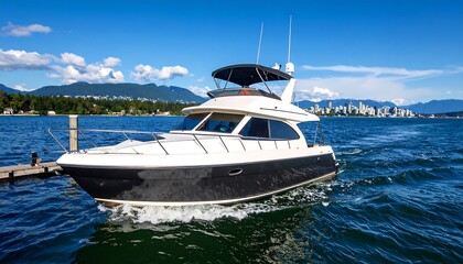 Luxurious yacht cruising through calm blue waters against a scenic city backdrop