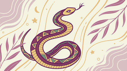 Obraz premium A stylized, colorful snake entwined among abstract leaves and shapes.