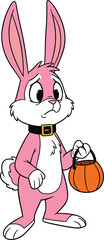 Pink cartoon rabbit holding pumpkin basket, Halloween bunny character, worried expression, cad drawing flat vector illustration